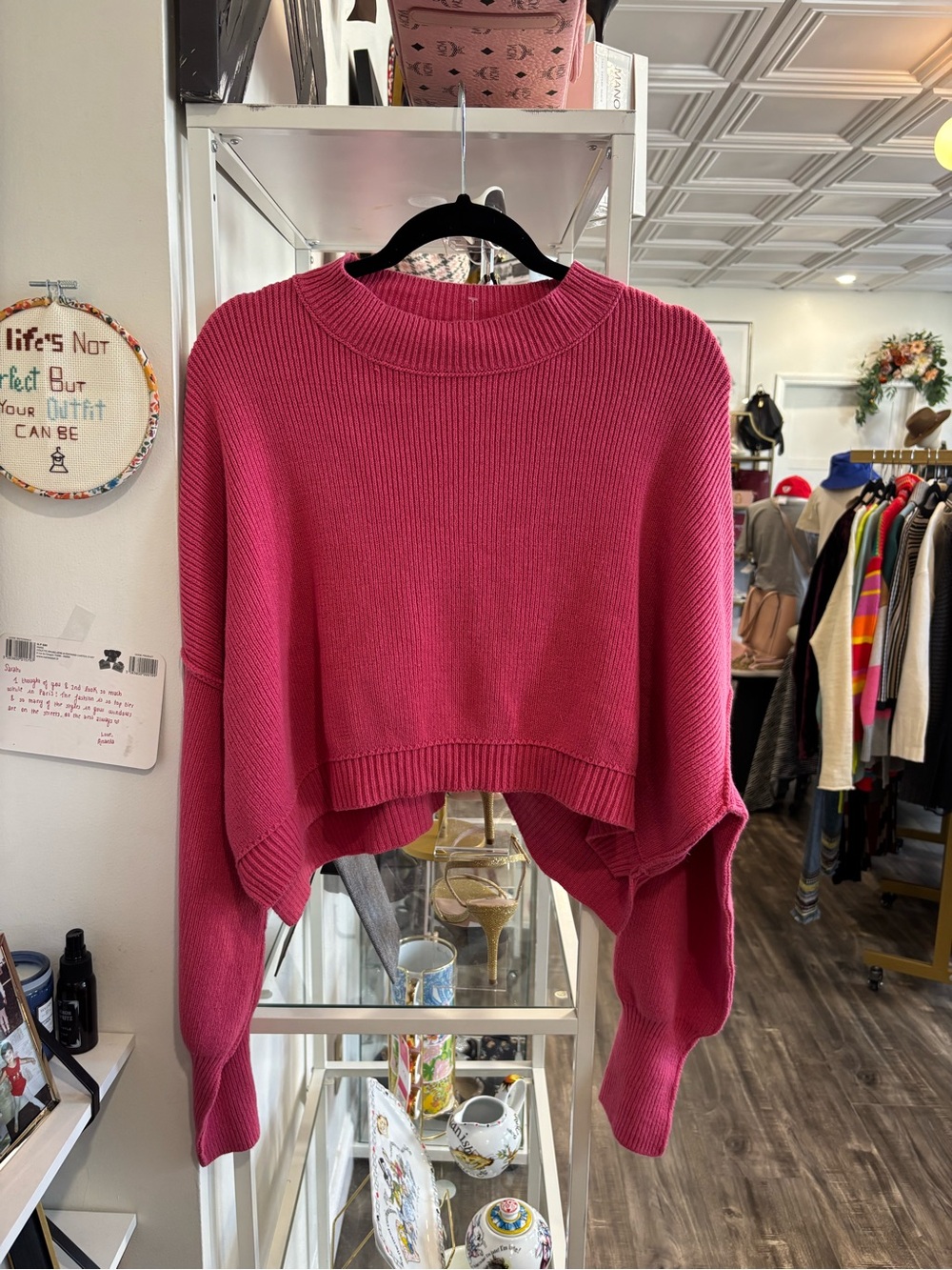 Free People Cropped Hot Pink Ribbed Crewneck Sweater